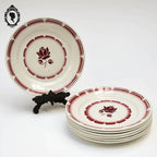 Lot 7 assiettes à dessert en porcelaine fleur rose rouge beige Badonvillier vintage