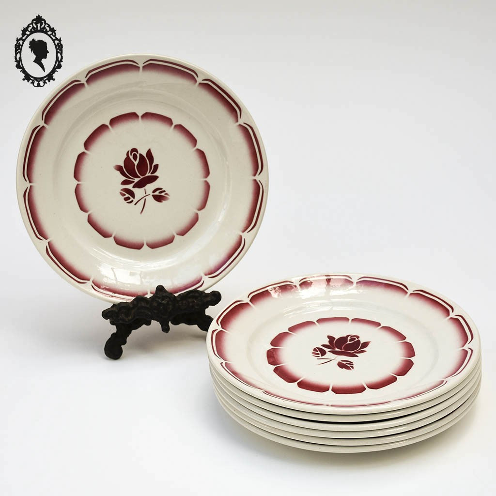 Lot 7 assiettes à dessert en porcelaine fleur rose rouge beige Badonvillier vintage