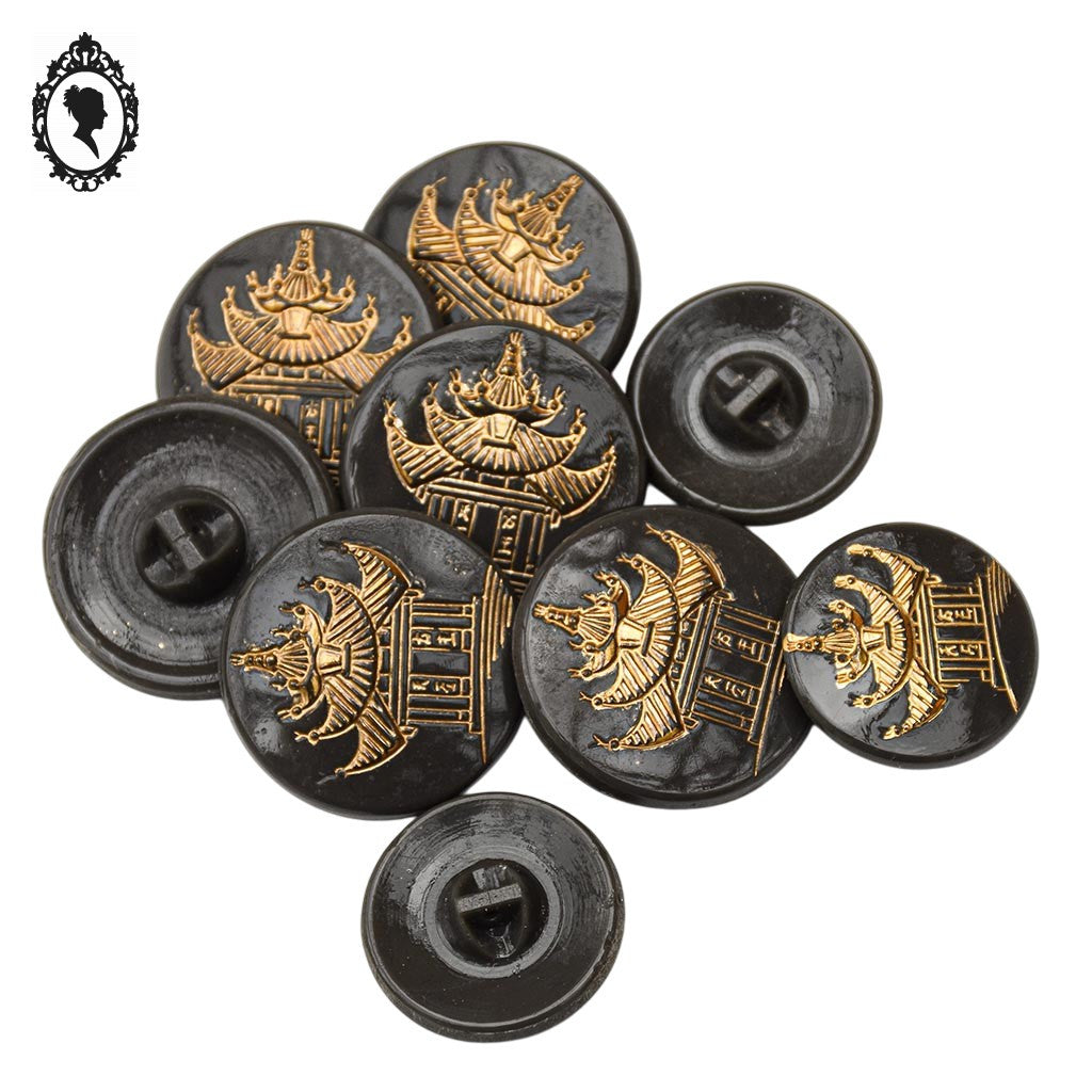 Lot 9 boutons en verre gris motif pagode doré épais vintage D 2,8 cm et 2,2 cm
