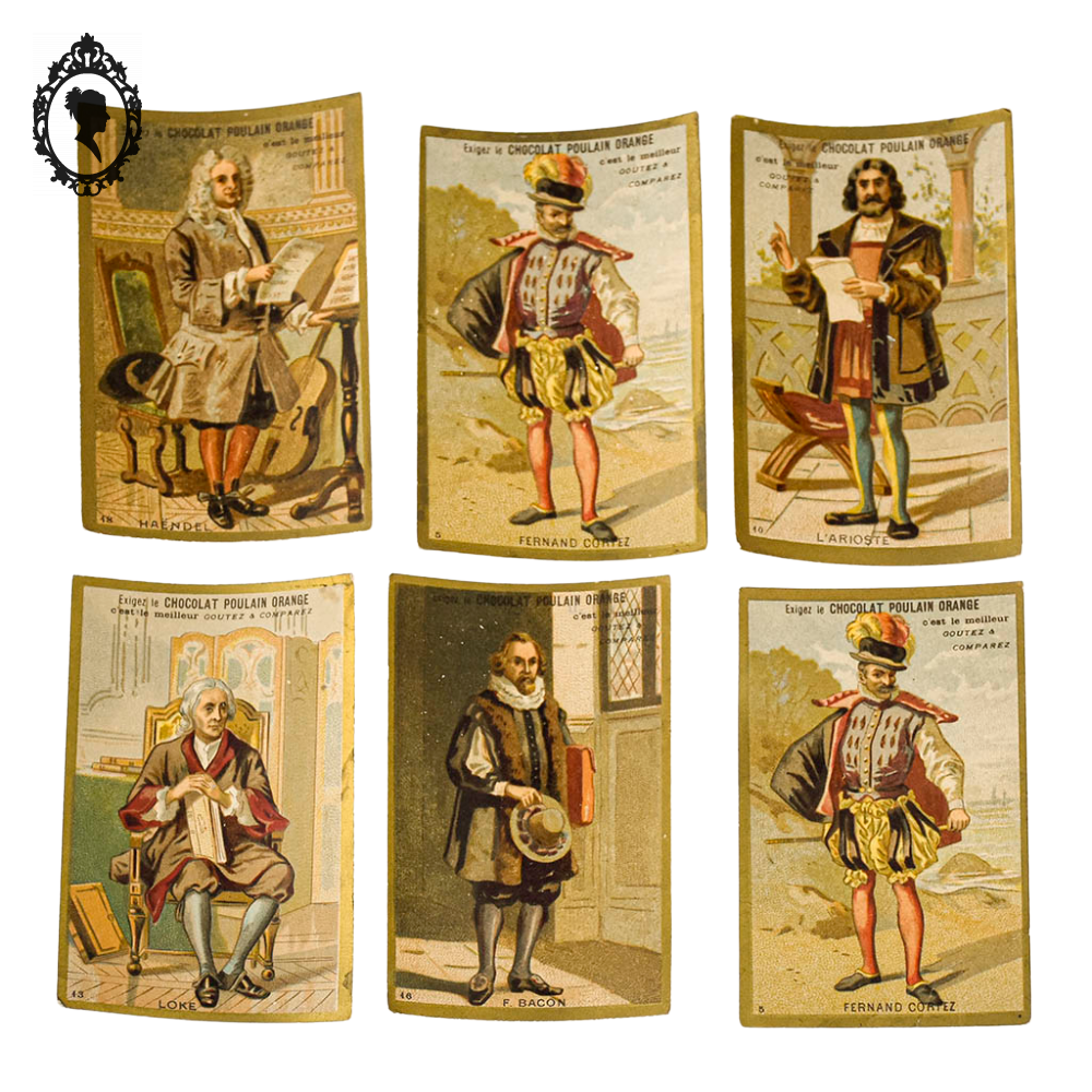 Lot de 6 cartes images chromos pub chocolat Poulain orange