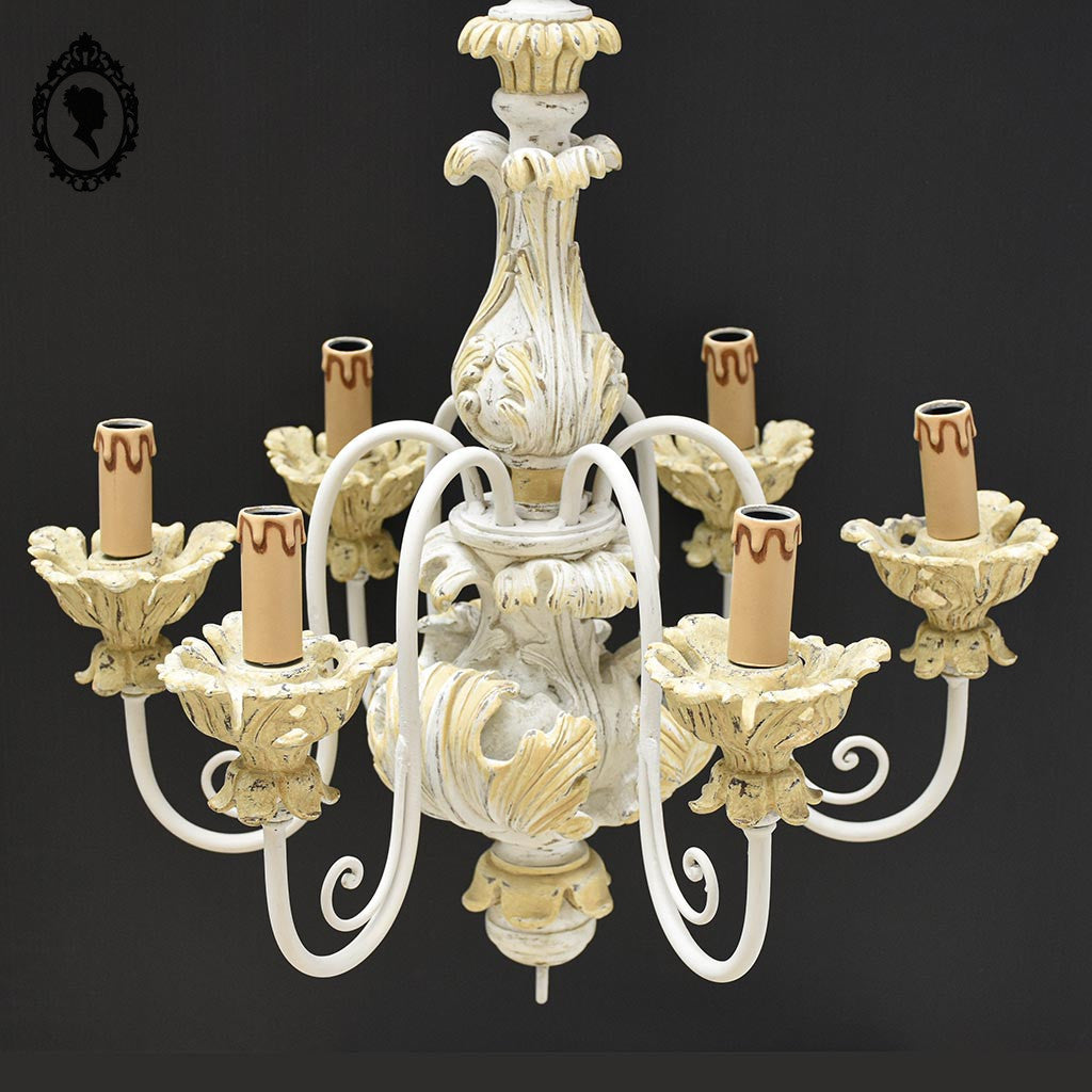 Lustre en bois 6 feux branches fer beige jaune clair vintage