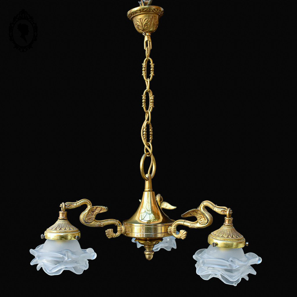Lustre plafonnier bronze chimères 3 lumières 3 roses pâte de verre blanc doré ancien