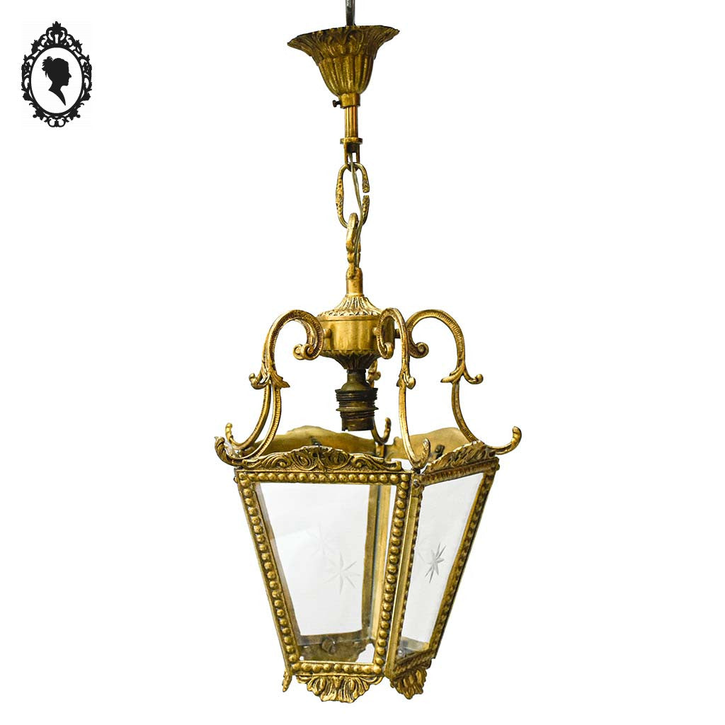 Lustre plafonnier lanterne cage 1 lumière verre étoile bronze laiton doré style régence rocaille vintage
