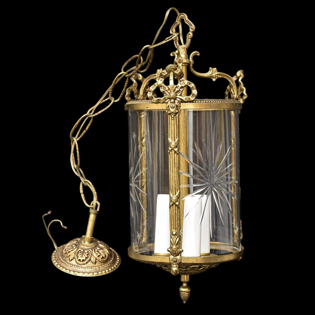 Lustre plafonnier lanterne cage 3 lumières verre bronze doré vintage