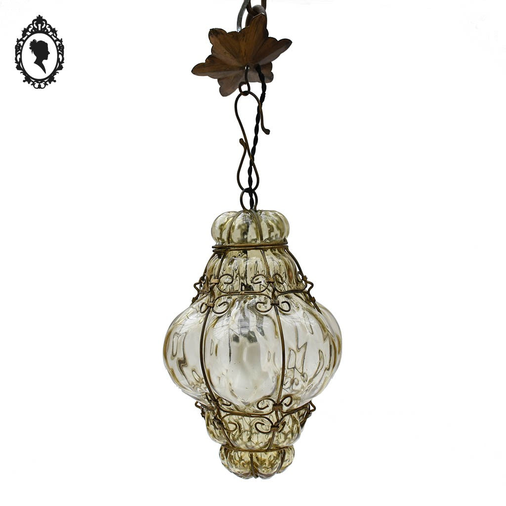 Lustre plafonnier lanterne verre beige fumé italien style Murano vintage