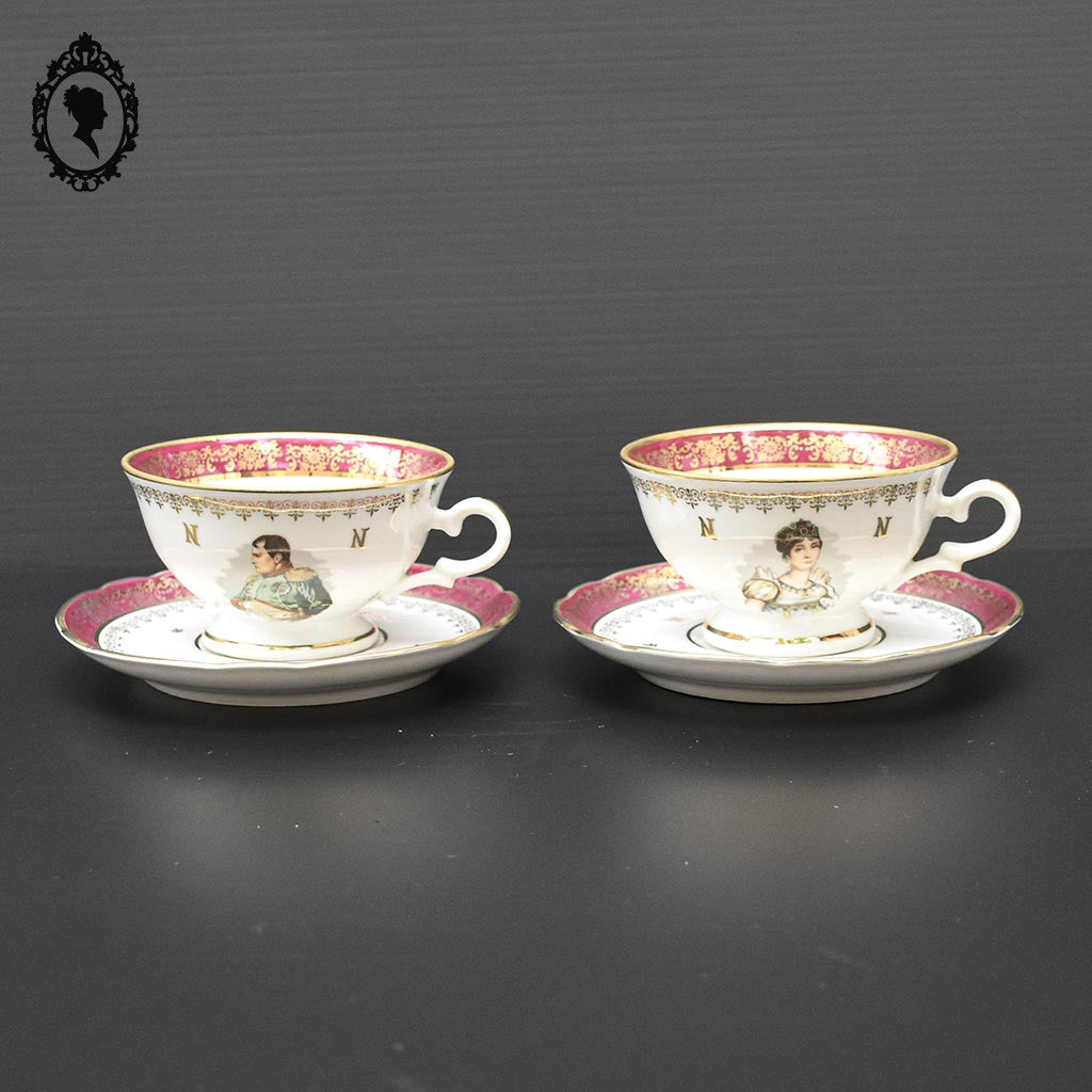 Paire de tasses à café Napoléon porcelaine de luxe blanche FD France rose or vintage