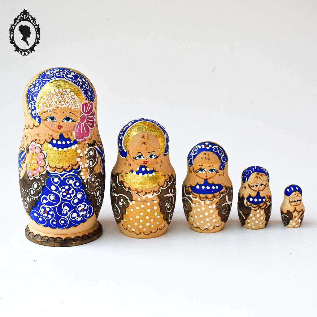 Matriochkas 5 poupées Russes gigognes bois naturel bleu doré