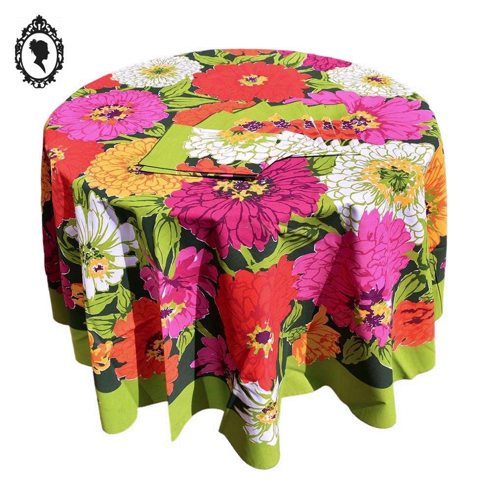 Nappe ronde + 7 serviettes fleuries colorées peps D 170 cm