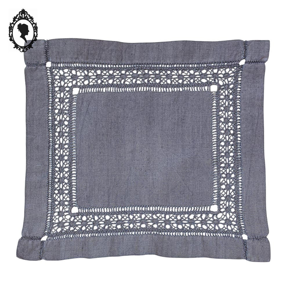 Napperon brodé lin gris carré 26 cm jours échelle et faisceaux fait main vintage