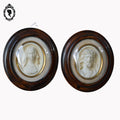Paire de cadres reliquaires verre bombé ovale bois Christ et Marie calcaire pétrifié ancien Napoléon 3