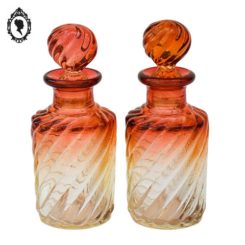 .Paire de flacons garniture toilette rose saumon jaune verre torsadé vintage