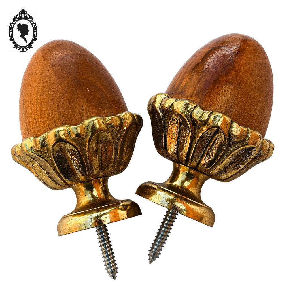 Paire de pomme de pin bronze doré bois ornementation embouts rideau vintage