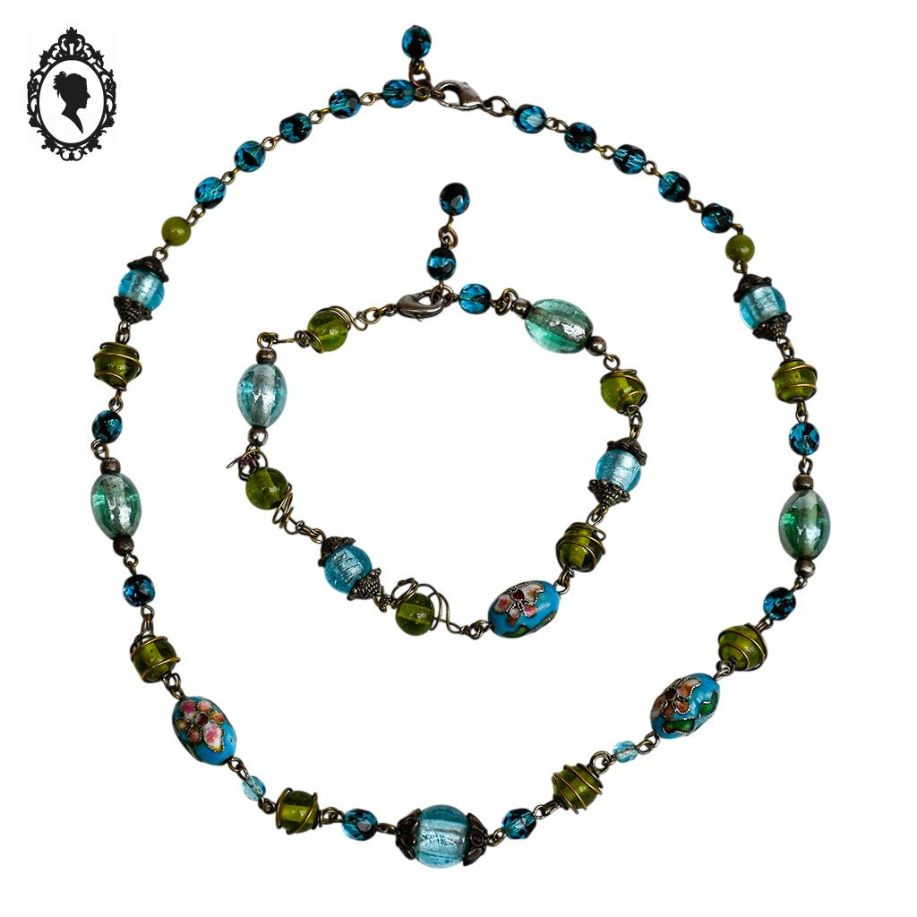 Parure collier bracelet perles bleu et verte fil laiton vintage