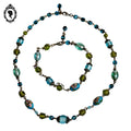 Parure collier bracelet perles bleu et verte fil laiton vintage