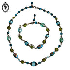 Parure collier bracelet perles bleu et verte fil laiton vintage