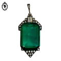 Pendentif Art Déco verre vert petits strass diamants sur monture argent 935