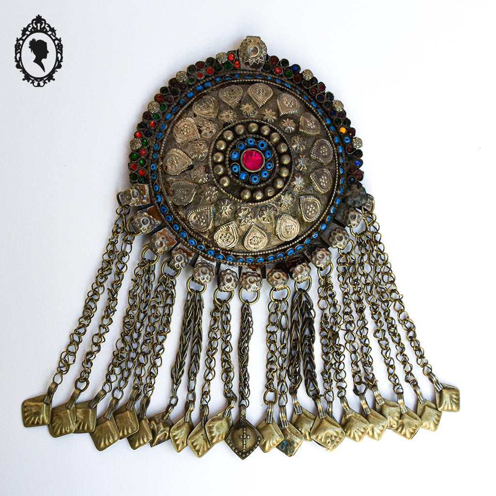 Pendentif collier ethnique antique nomade en métal vintage ancien H 18,5 cm