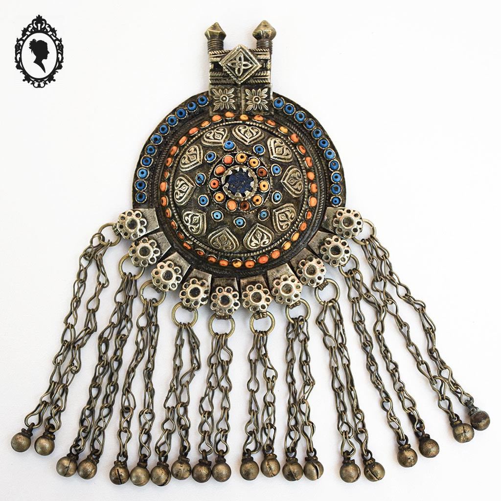 Pendentif collier ethnique métal antique H 16 cm nomade vintage ancien