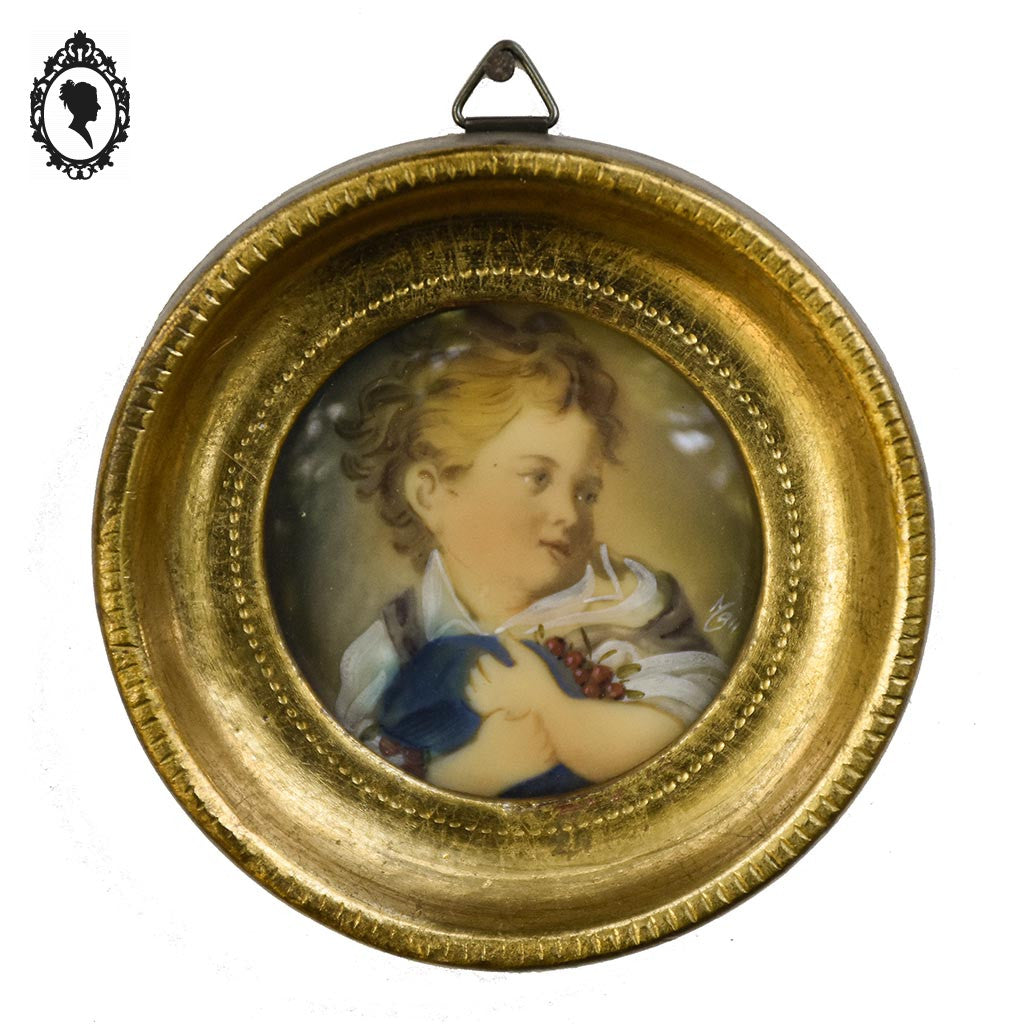 Petit cadre miniature portrait Enfant aux cerises Fragonard sur ivoire signé ancien