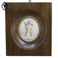 Petit cadre miniature portrait médaillon femme élégante sur ivoire ancien