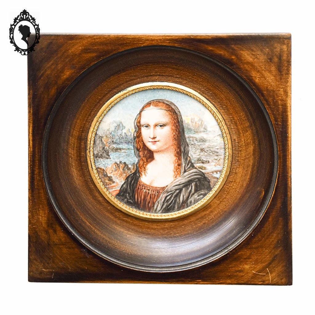Petit cadre miniature portrait médaillon femme rousse sur ivoire signé JR ancien