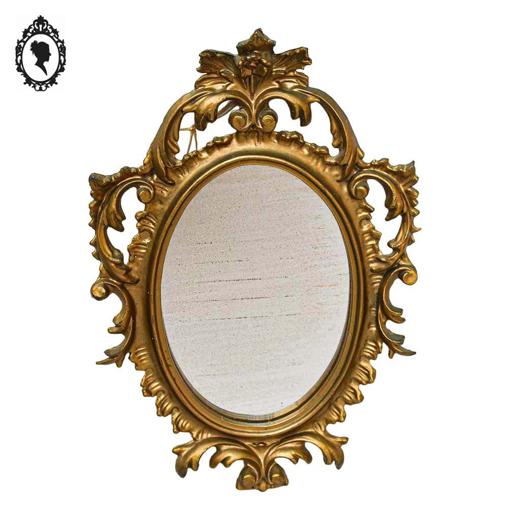 Petit miroir glace cadre ovale mural doré fronton arabesque baroque H 29 cm vintage