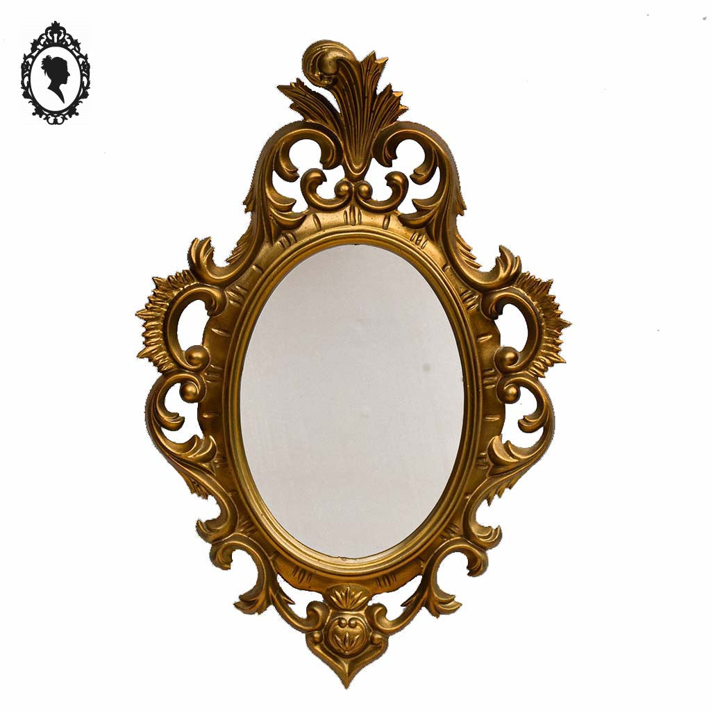 Petit miroir glace cadre ovale mural doré fronton arabesque baroque H 35 cm vintage