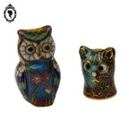 Petite figurine chouette hiboux et dé chat en émail émaux cloisonnés collection vintage