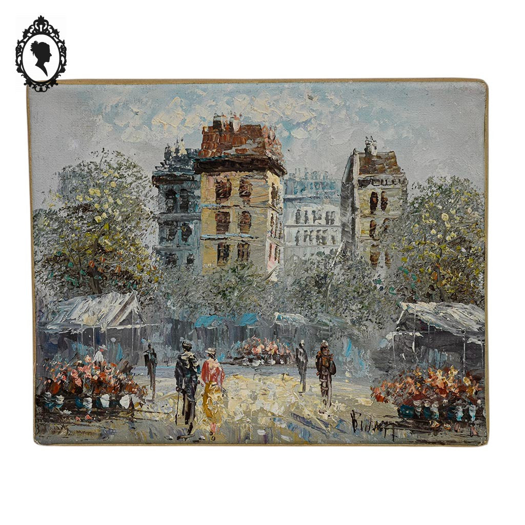 Petite toile tableau peinture à l’huile marché aux fleurs signé Burnett vintage