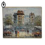 Petite toile tableau peinture à l’huile marché aux fleurs signé Burnett vintage