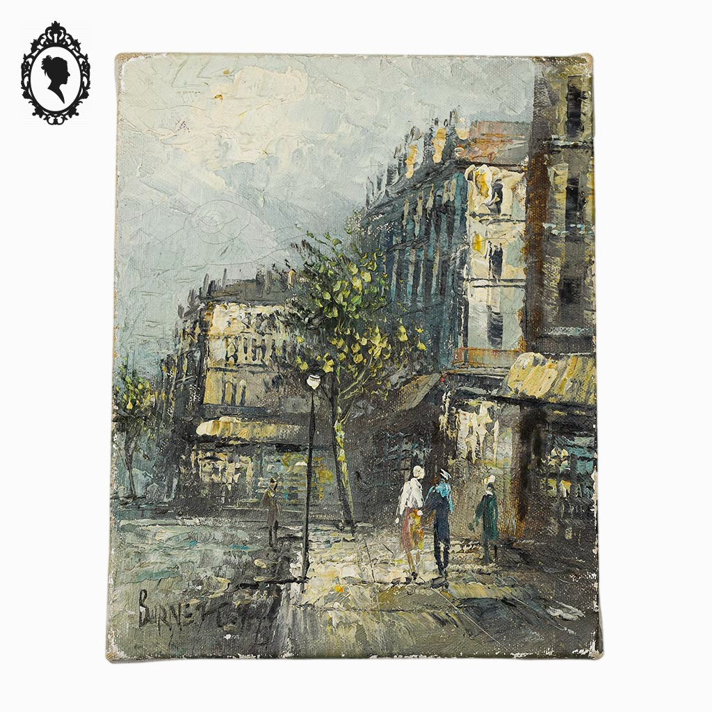 Petite toile tableau peinture à l’huile rue de Paris signé Burnett vintage