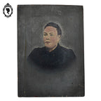 Photo rehaussée en peinture ancienne portrait d’une femme sur bois