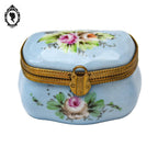 Pilulier boite romantique bleue fleurie dorée porcelaine vintage