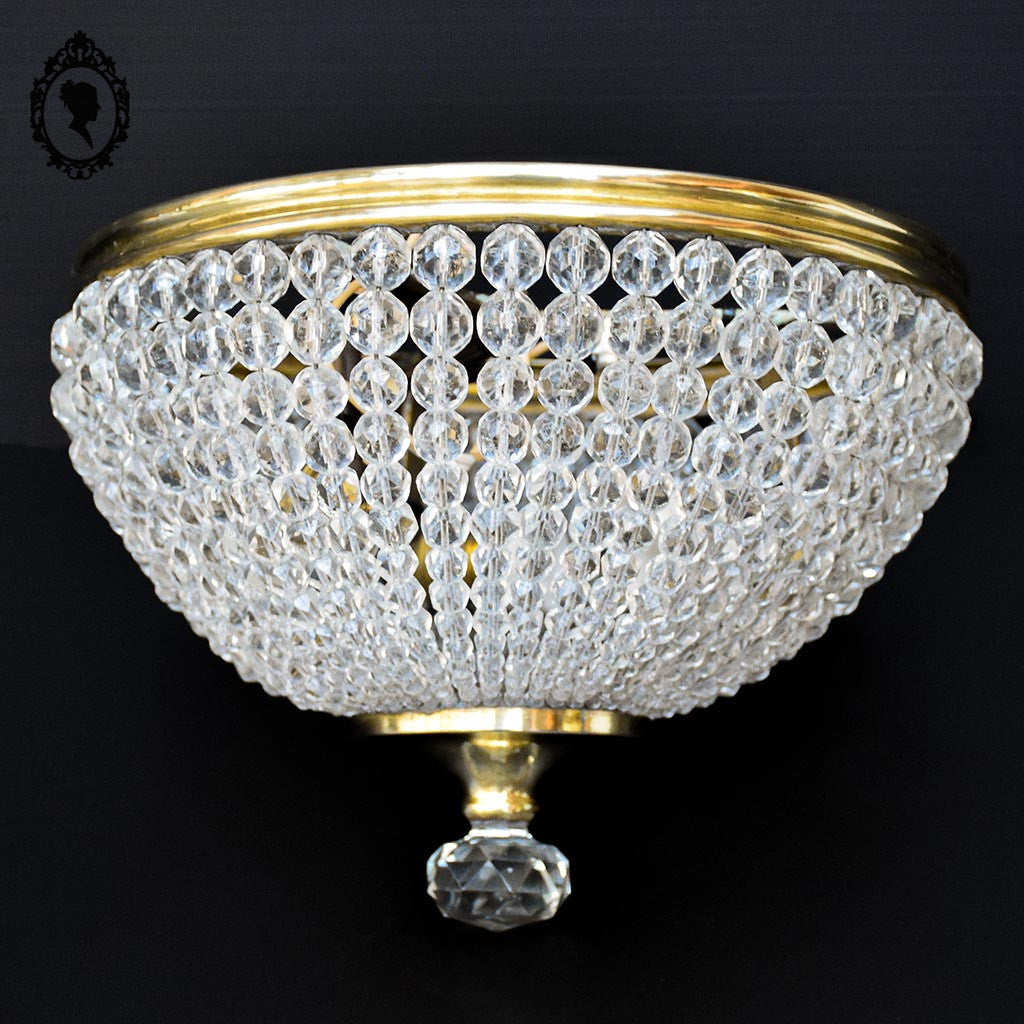 Plafonnier lustre art déco guirlandes de perles pointe diamant cristal laiton ancien