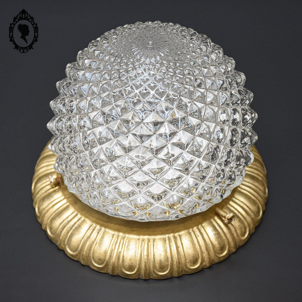 Plafonnier lustre demi sphère pointe diamant verre laiton vintage