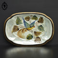 Plat oiseau en faïence style barbotine vert nacré H. Bequet Belgique L 33 cm vintage