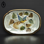 Plat oiseau en faïence style barbotine vert nacré H. Bequet Belgique L 33 cm vintage