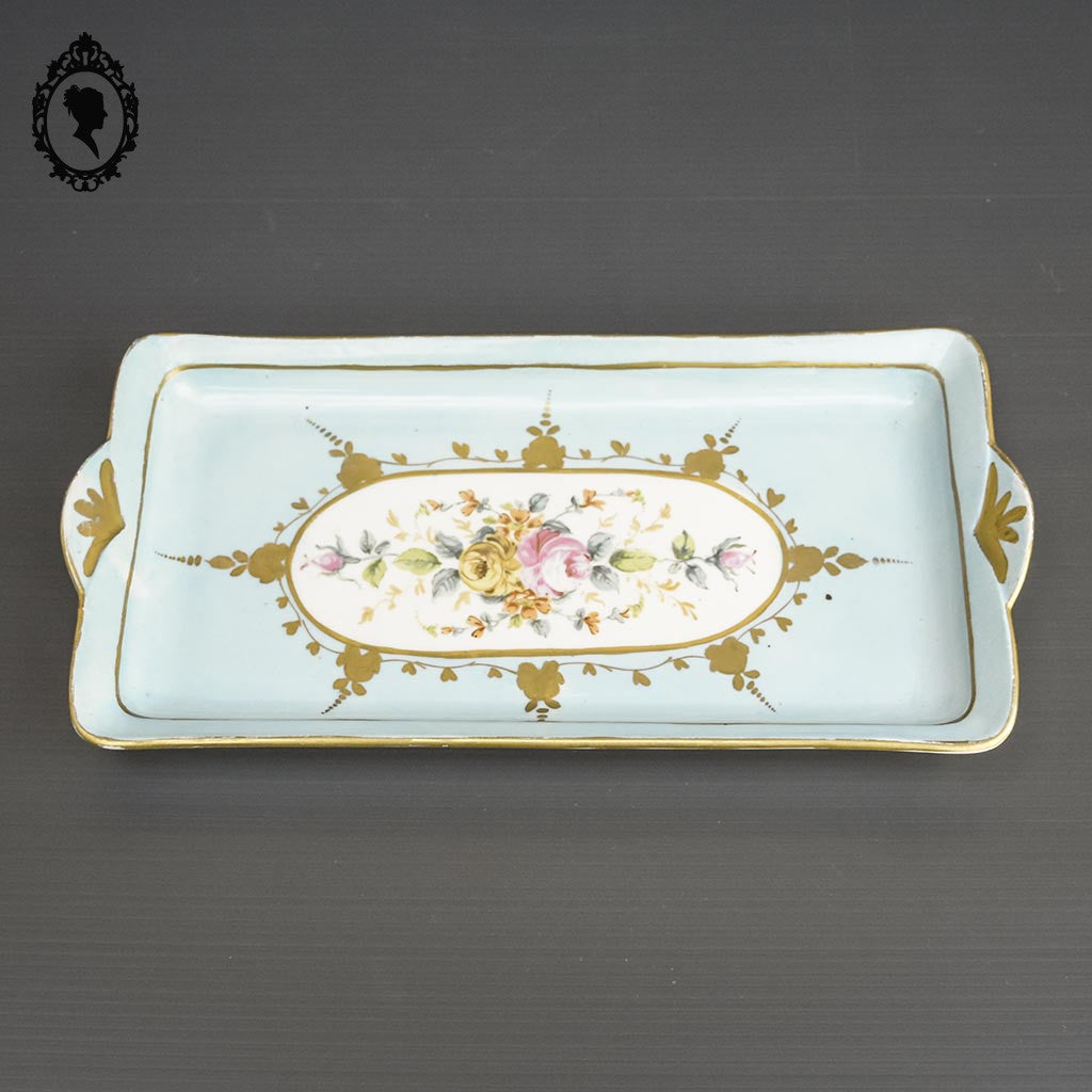 Romantique plat rectangulaire à gâteaux cake Sèvres bleu fleuri doré ancien