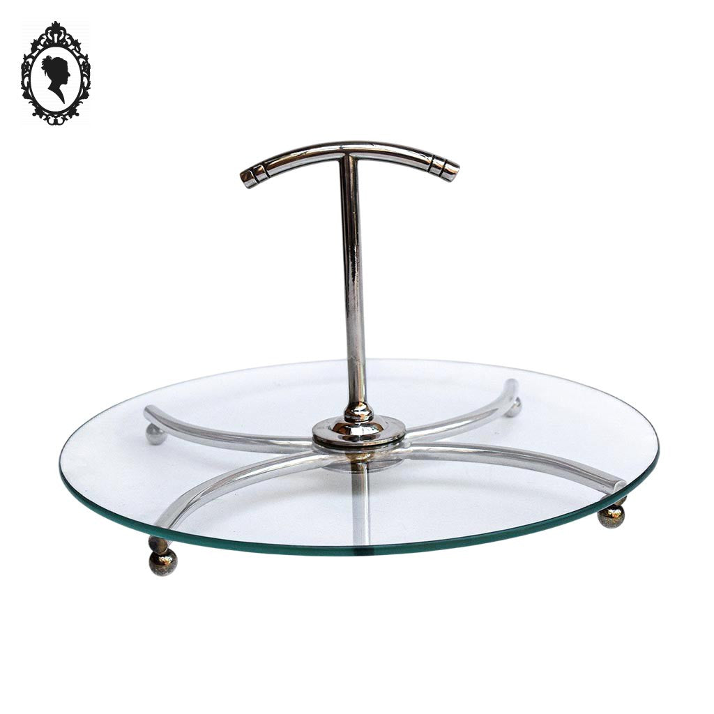 Plateau à fromage serviteur rond en verre et métal vintage
