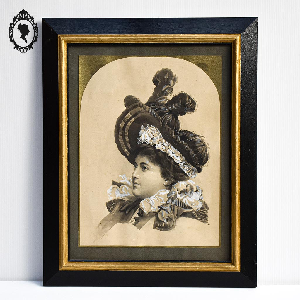 Portrait femme dessin aquarelle de Janet Lange 1869 cadre bois noir doré ancien