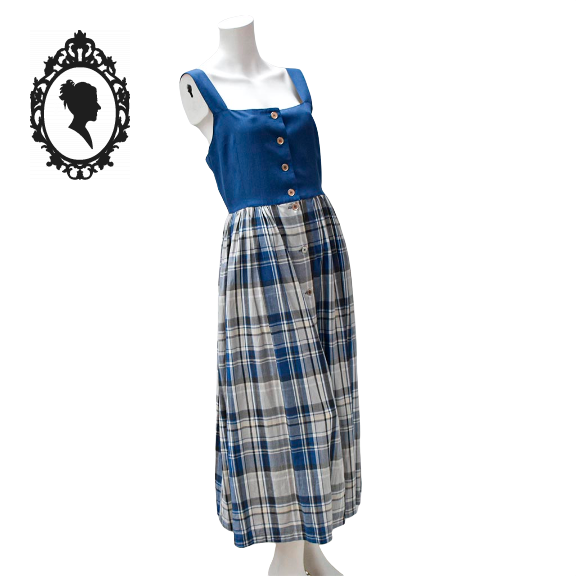 Robe longue à carreaux bleu blanc gris coton lin vintage T 38 40