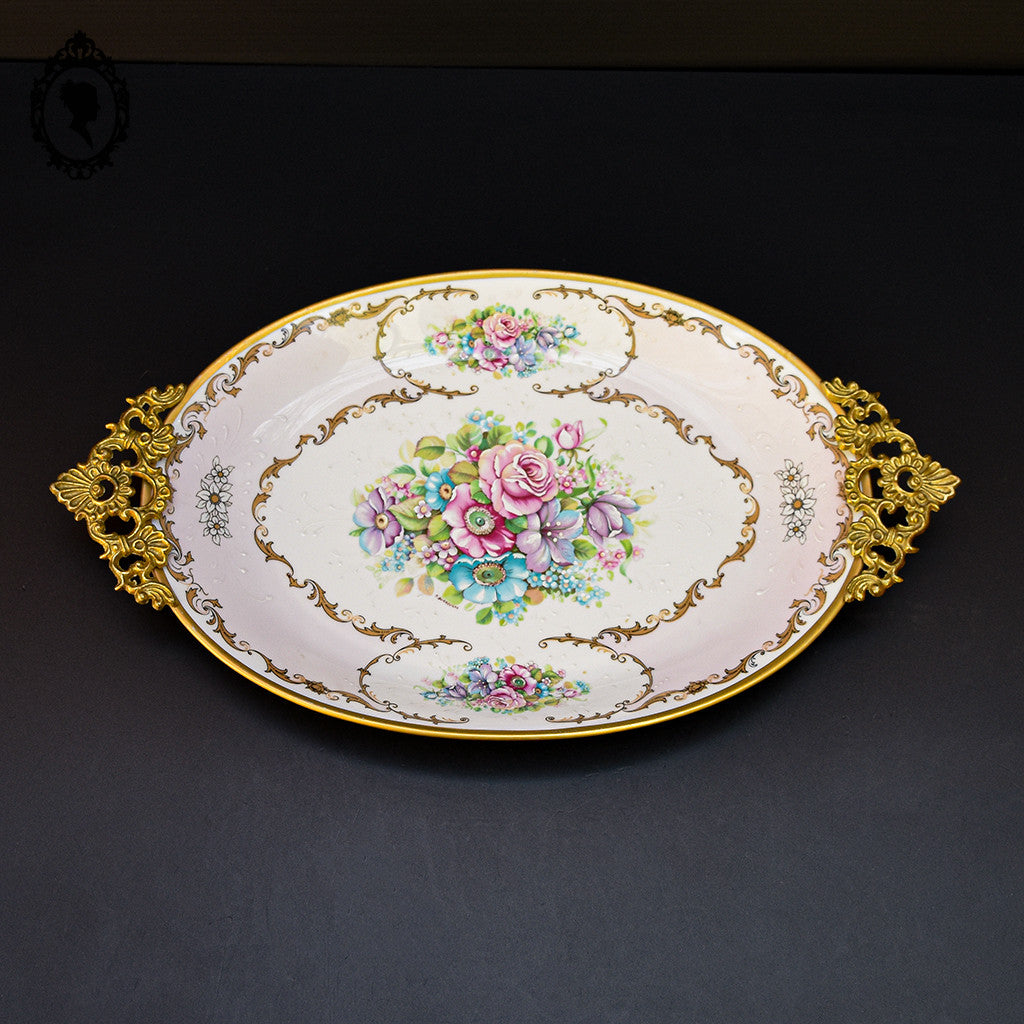 Romantique plat ovale fleuri porcelaine de Limoges rose poignées laiton Burroughs ancien