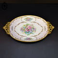 Romantique plat ovale fleuri porcelaine de Limoges rose poignées laiton Burroughs ancien