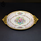 Romantique plat ovale fleuri porcelaine de Limoges rose poignées laiton Burroughs ancien