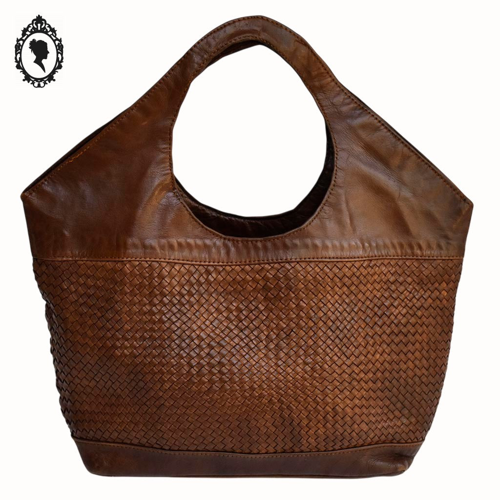 Sac cabas cuir cognac marron devant tressé vintage