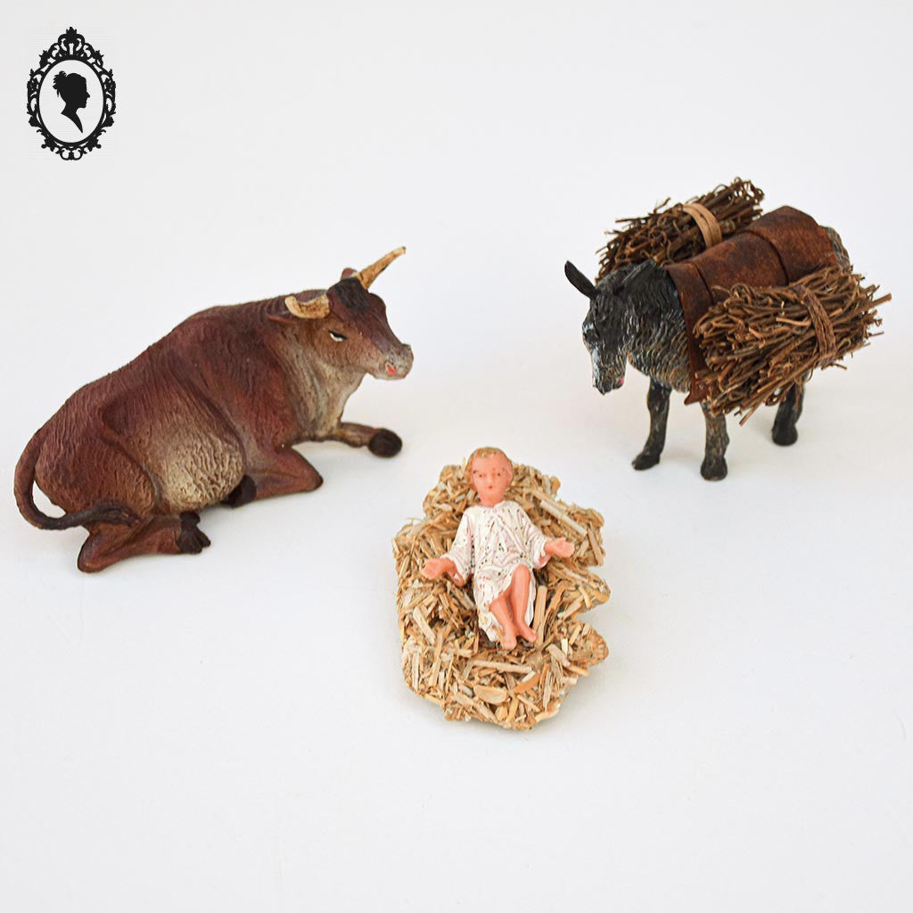 Santons crèche de Noël Jésus panier paille bœuf âne vintage