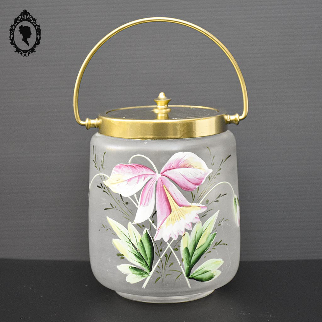 Sceau pot à biscuits verre mat fleur émaillée rose jaune vert ancien art nouveau