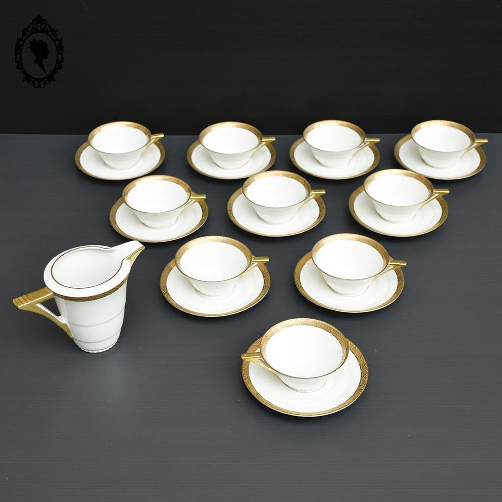 Service 10 tasses à café thé porcelaine Limoges DARTIGEAS blanc doré Art déco