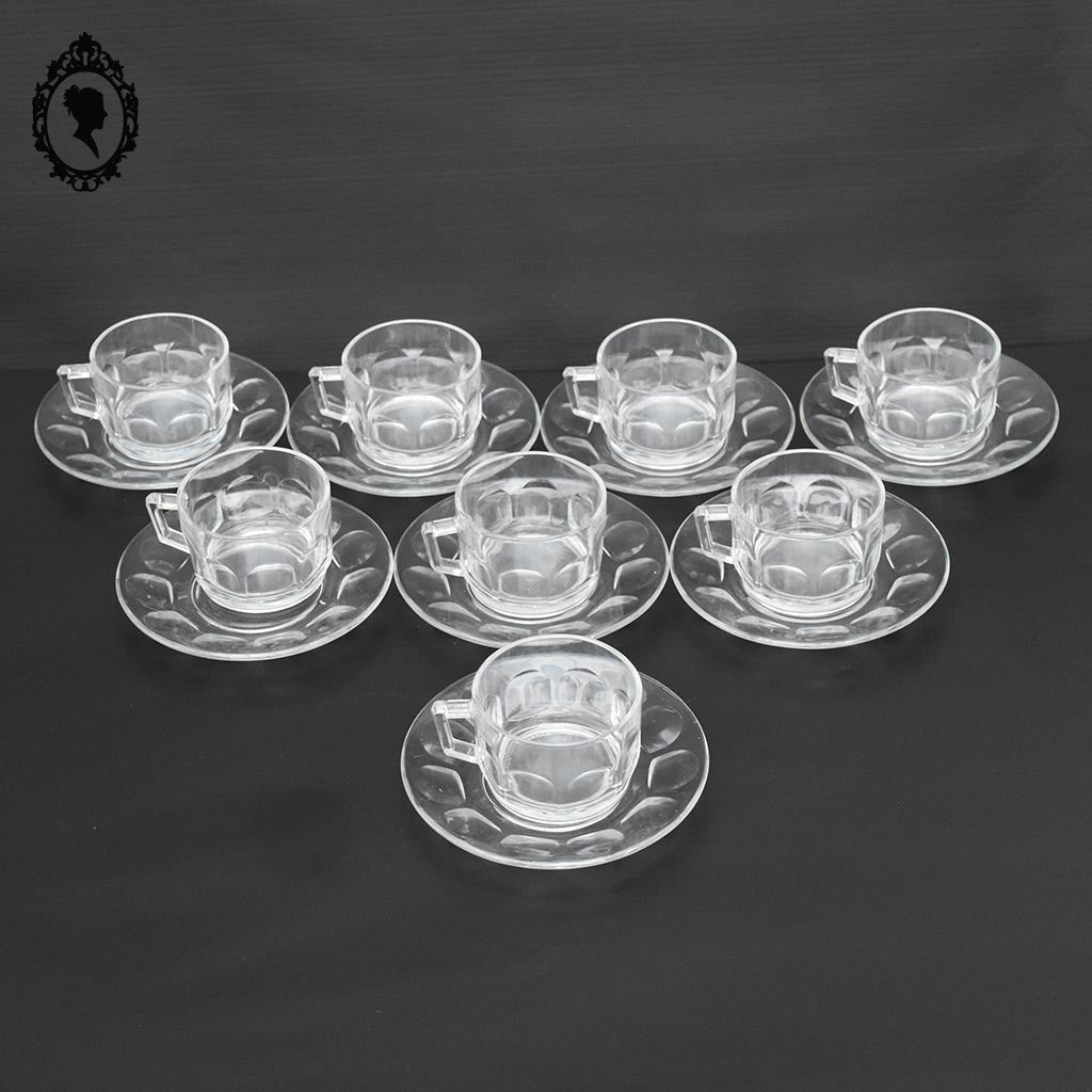 Service 8 tasses et sous tasses à café Arcopal France verre blanc transparent vintage