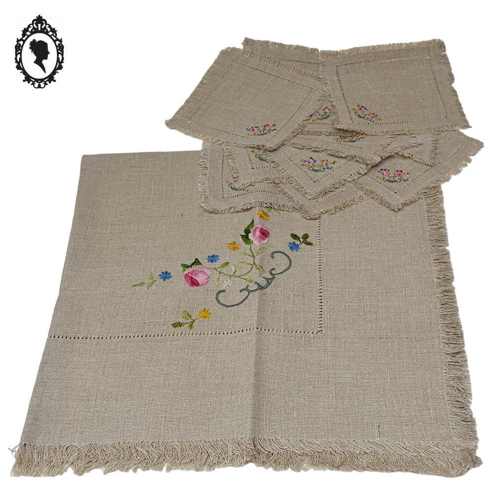 Service nappe et 10 serviettes à thé café lin broderie bucolique fleurie vintage